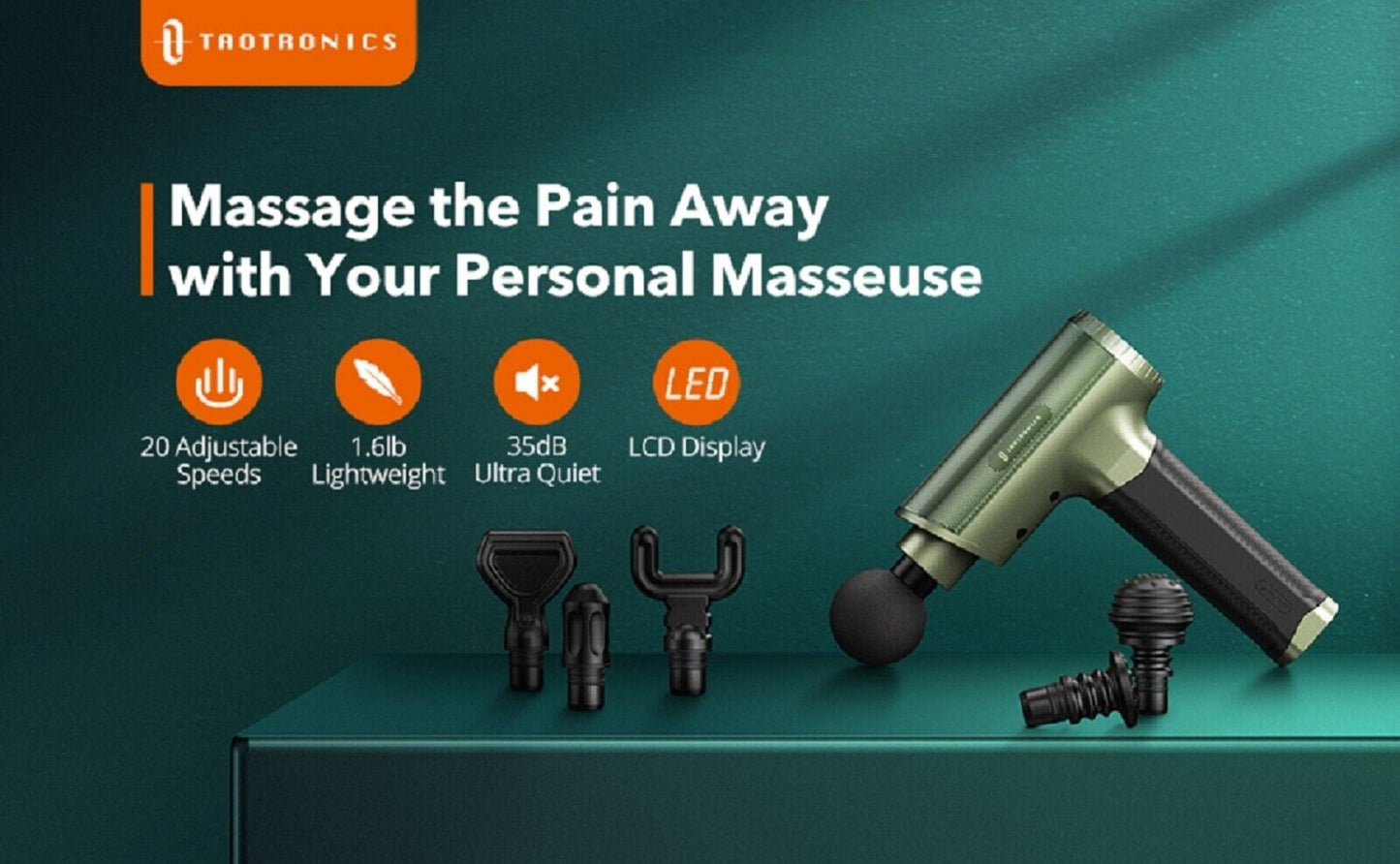 TaoTronics Muscle Massage Gun Deep Tissue Percussion Handheld Electric Massager with 20 Speed Levels 6 Massage Heads 10 hrs Battery (Army Green)