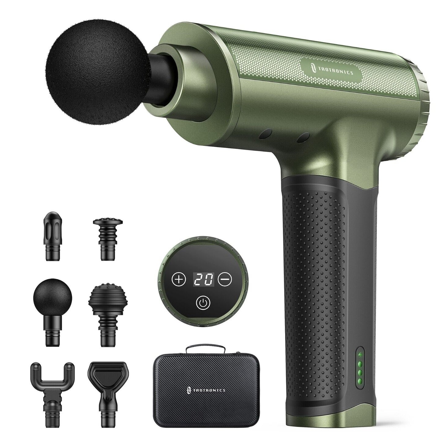 TaoTronics Muscle Massage Gun Deep Tissue Percussion Handheld Electric Massager with 20 Speed Levels 6 Massage Heads 10 hrs Battery (Army Green)