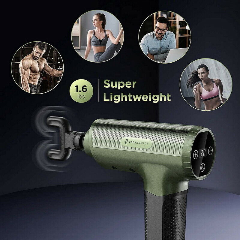 TaoTronics Muscle Massage Gun Deep Tissue Percussion Handheld Electric Massager with 20 Speed Levels 6 Massage Heads 10 hrs Battery (Army Green)